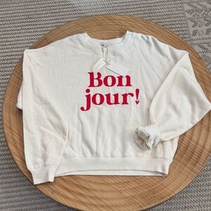 Z Supply Cream Sweatshirt with Red "Bonjour!" Graphic